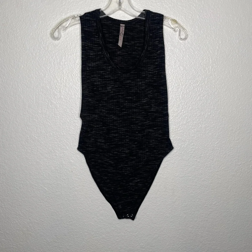 Free People Intimately Space Dye Ribbed Sleeveless Bodysuit Black White XS